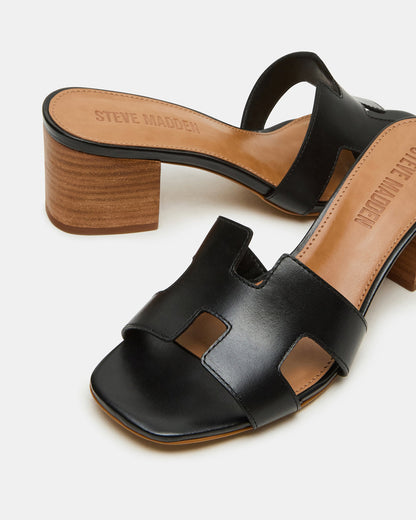 HANA Black Leather Square-Toe Mule Block Heel Women's Sandal - Steve Madden