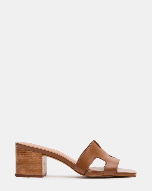HANA Cognac Leather Square-Toe Mule Block Heel Women's Sandal - Steve Madden