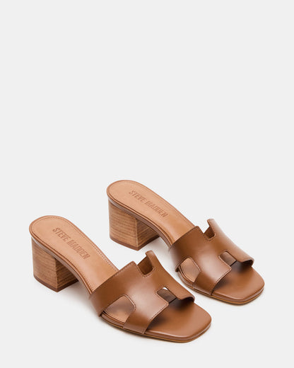 HANA Cognac Leather Square-Toe Mule Block Heel Women's Sandal - Steve Madden