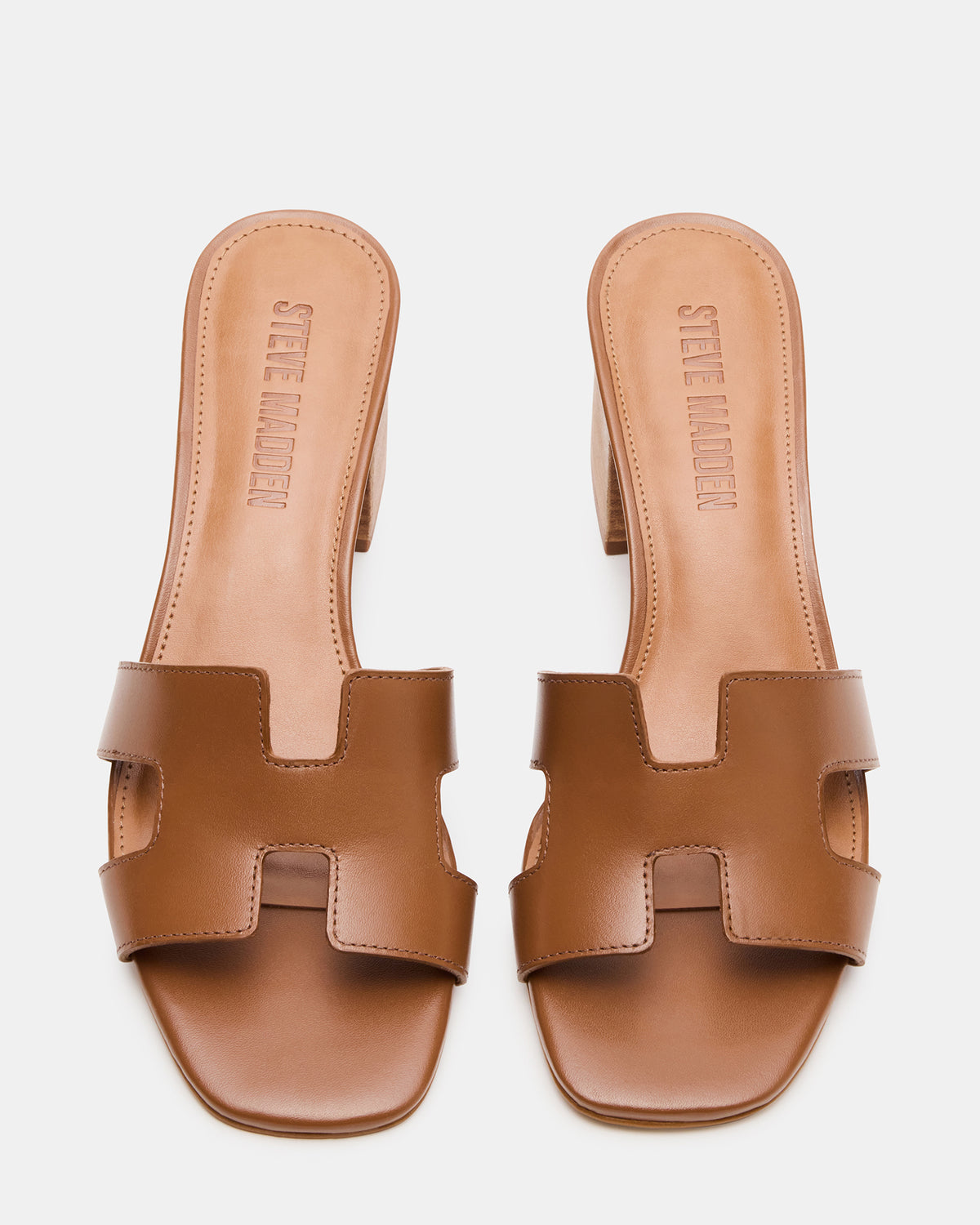 HANA Cognac Leather Square-Toe Mule Block Heel Women's Sandal - Steve Madden