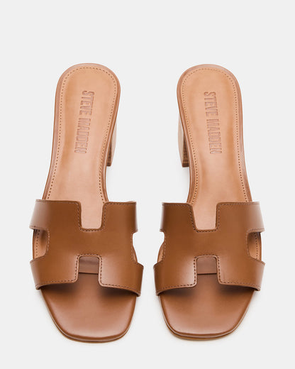 HANA Cognac Leather Square-Toe Mule Block Heel Women's Sandal - Steve Madden