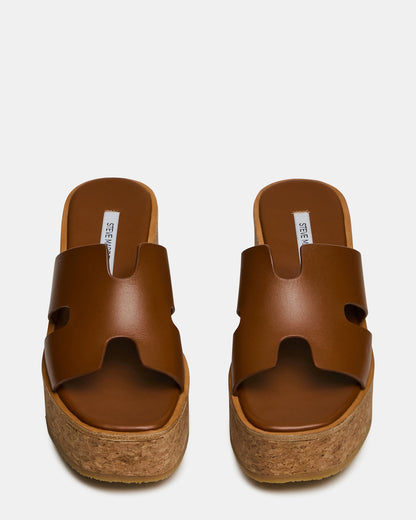 HARMONY Cognac Leather Wedge Mule Cork Platform Women's Sandal - Steve Madden