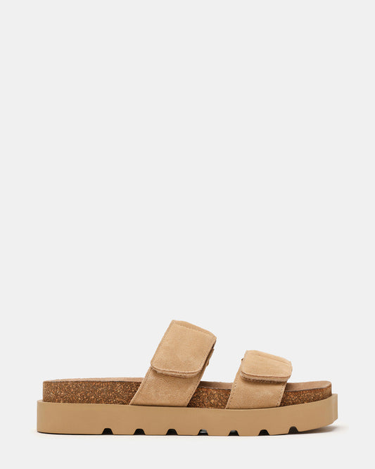 LUTHER Taupe Suede Velcro Strap Slip-On Square-Toe Women's Sandals - Steve Madden