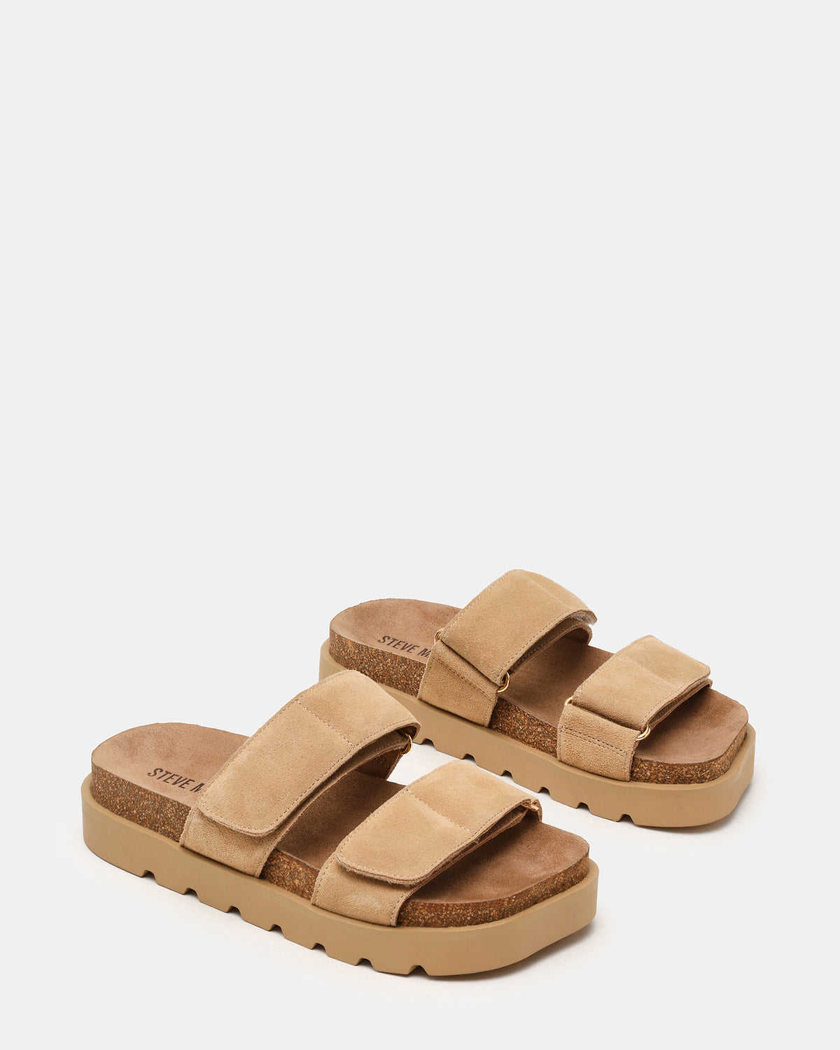 LUTHER Taupe Suede Velcro Strap Slip-On Square-Toe Women's Sandals - Steve Madden