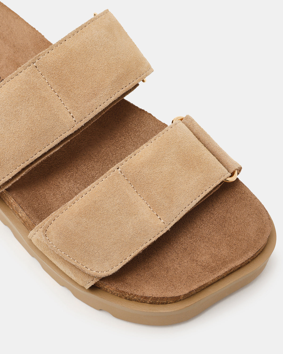 LUTHER Taupe Suede Velcro Strap Slip-On Square-Toe Women's Sandals - Steve Madden