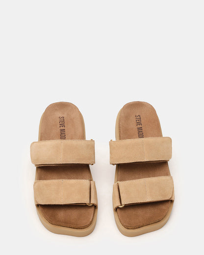 LUTHER Taupe Suede Velcro Strap Slip-On Square-Toe Women's Sandals - Steve Madden