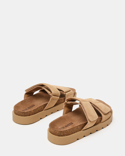LUTHER Taupe Suede Velcro Strap Slip-On Square-Toe Women's Sandals - Steve Madden