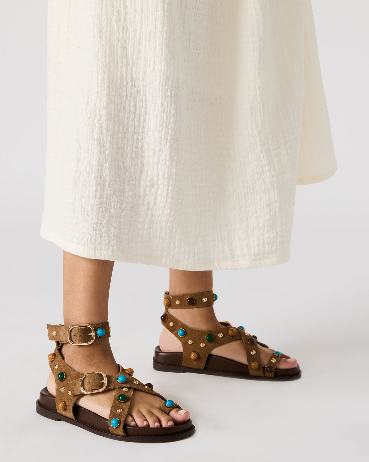 LINEAR Taupe Suede Strappy Footbed Studded Women's Sandal - Steve Madden