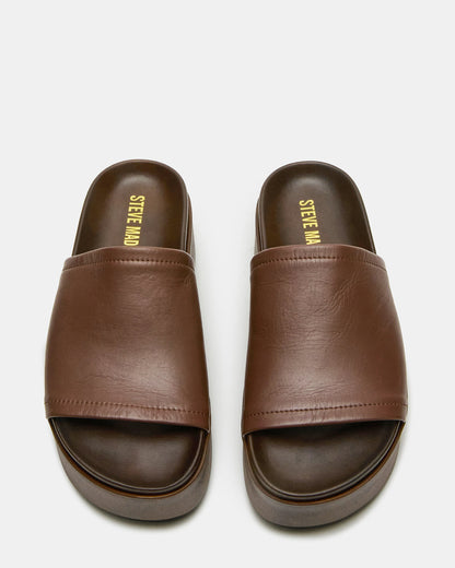 ARWEN Brown Leather Women's Platform Footbed Slide Chunky Sandal - Steve Madden
