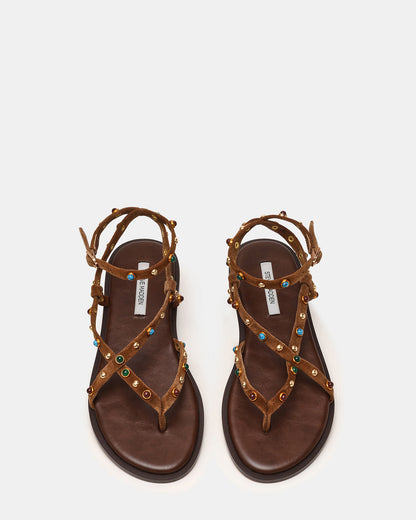 MATHIS Tan Suede Studded Embellished Strappy Thong Women's Sandal - Steve Madden