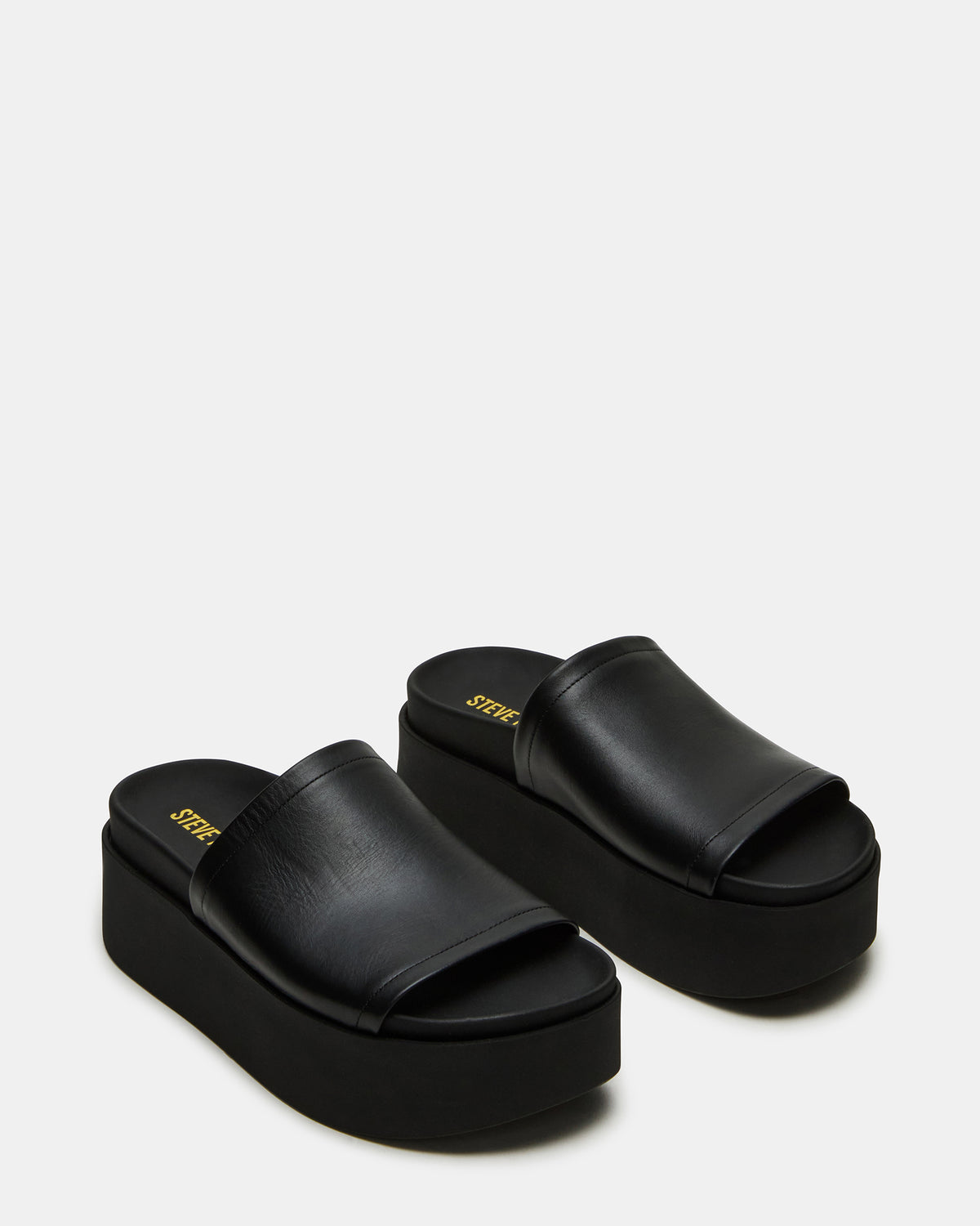 ARWEN Black Leather Women's Platform Footbed Slide Chunky Sandal - Steve Madden