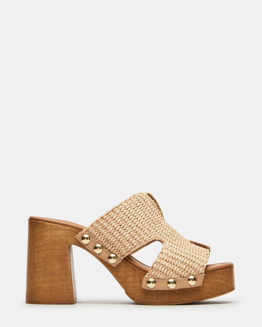 SUNKISSED Raffia Platform Block Heel Studded Women's Sandal - Steve Madden