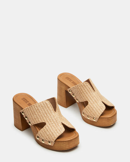 SUNKISSED Raffia Platform Block Heel Studded Women's Sandal - Steve Madden