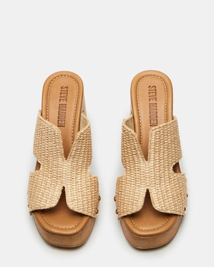 SUNKISSED Raffia Platform Block Heel Studded Women's Sandal - Steve Madden