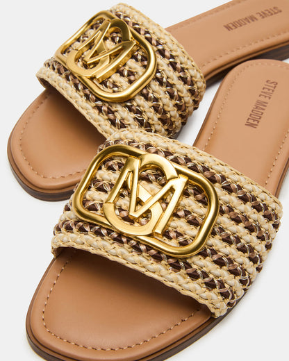 KORA Brown Raffia Gold Detail Slide Women's Sandal - Steve Madden
