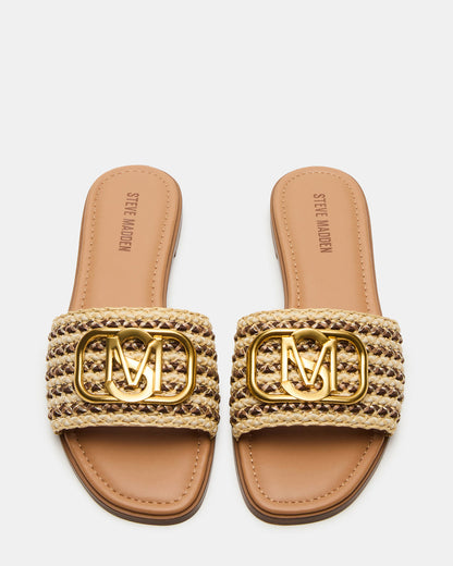 KORA Brown Raffia Gold Detail Slide Women's Sandal - Steve Madden