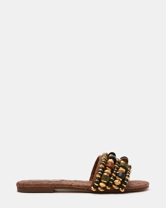 MARIKA Beads Brown Raffia Round-Toe Slide Women's Sandal - Steve Madden
