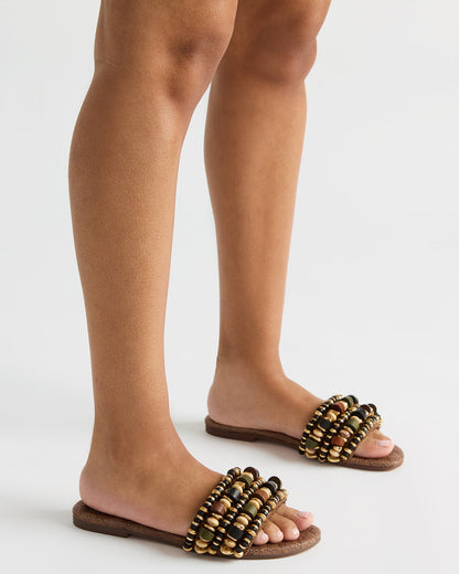 MARIKA Beads Brown Raffia Round-Toe Slide Women's Sandal - Steve Madden
