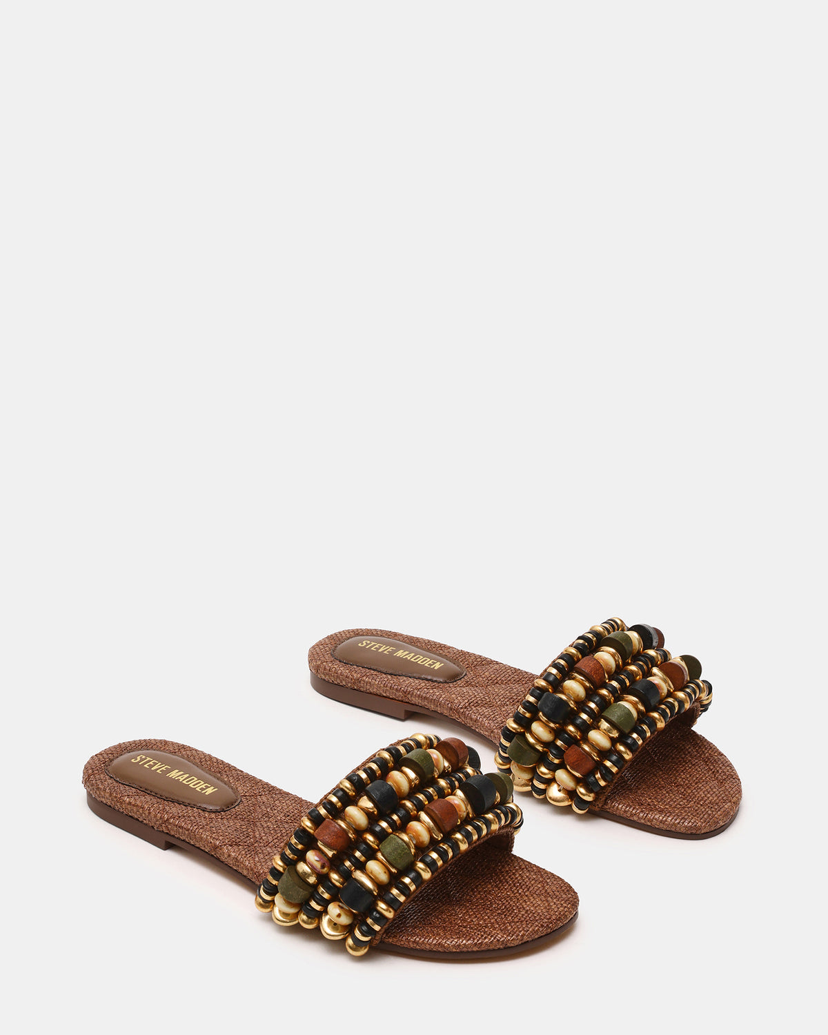 MARIKA Beads Brown Raffia Round-Toe Slide Women's Sandal - Steve Madden
