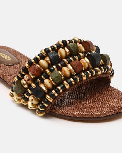MARIKA Beads Brown Raffia Round-Toe Slide Women's Sandal - Steve Madden