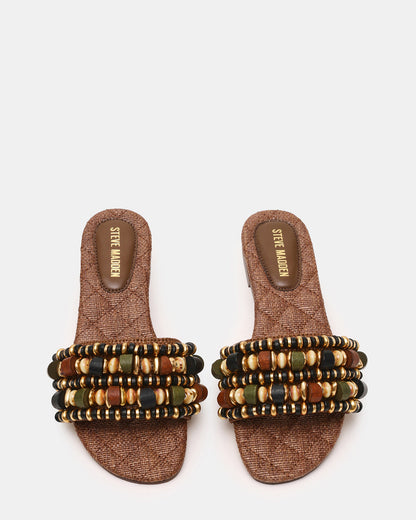 MARIKA Beads Brown Raffia Round-Toe Slide Women's Sandal - Steve Madden