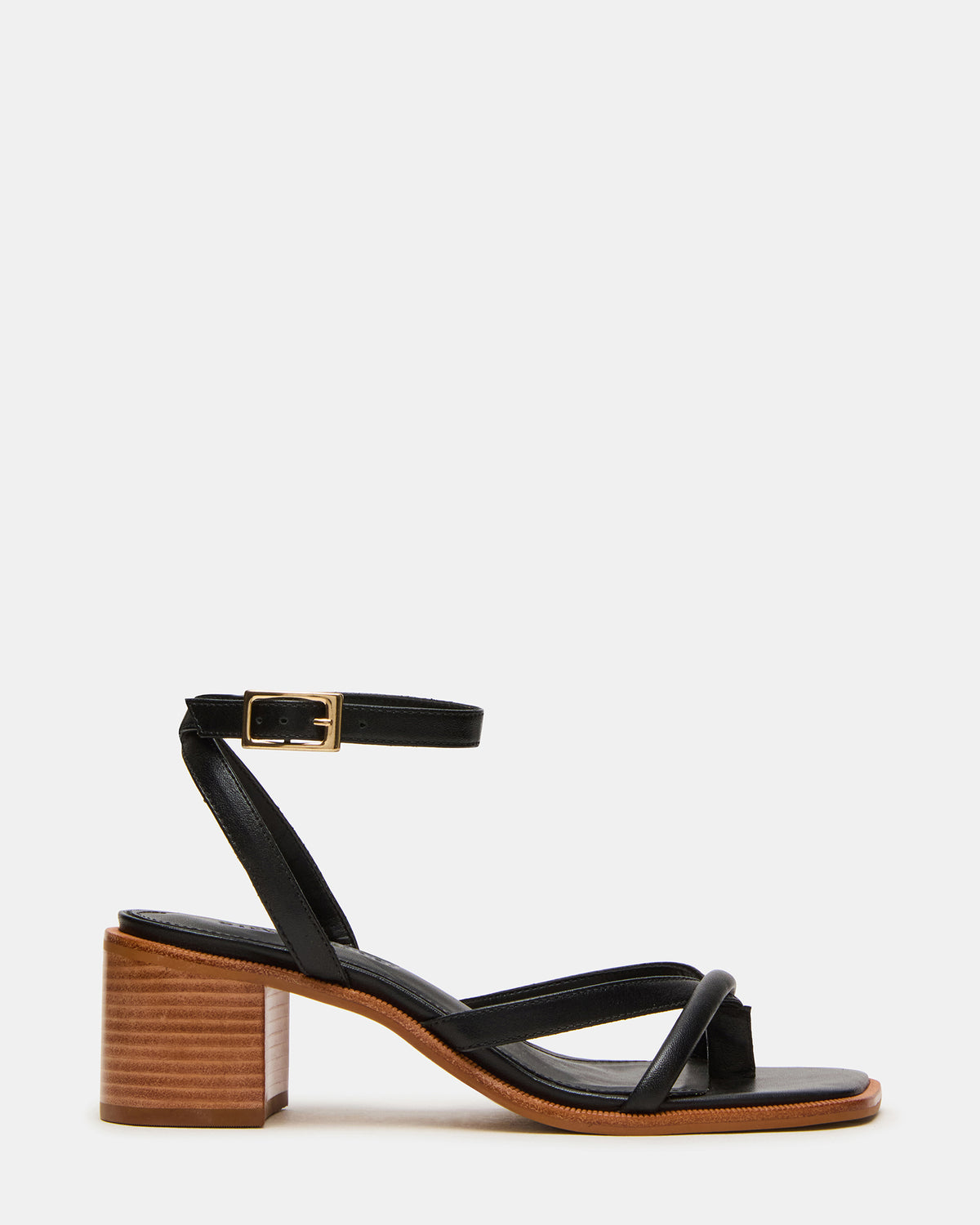 TILLY Black Leather Square-Toe Block Heel Strappy Women's Sandal - Steve Madden