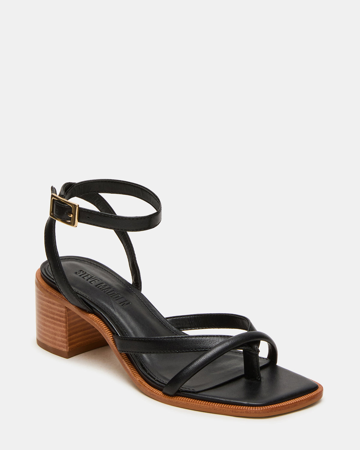 TILLY Black Leather Square-Toe Block Heel Strappy Women's Sandal - Steve Madden