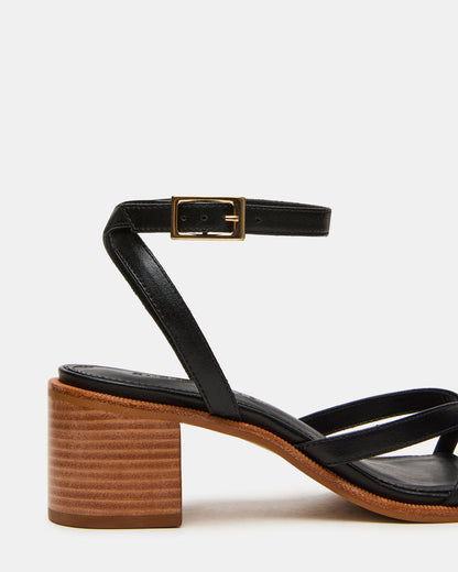 TILLY Black Leather Square-Toe Block Heel Strappy Women's Sandal - Steve Madden