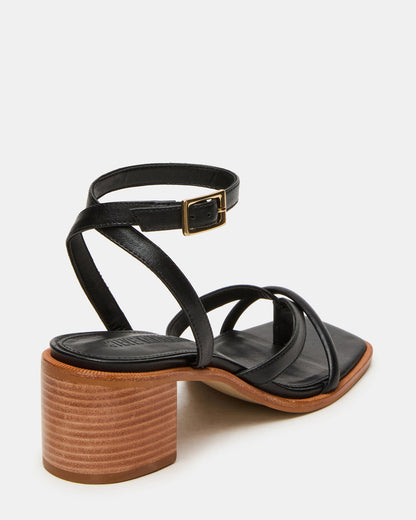 TILLY Black Leather Square-Toe Block Heel Strappy Women's Sandal - Steve Madden