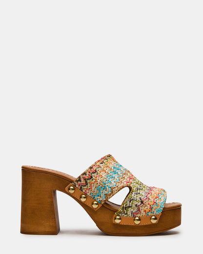 SUNKISSED Multi Raffia Platform Block Heel Studded Women's Sandal - Steve Madden