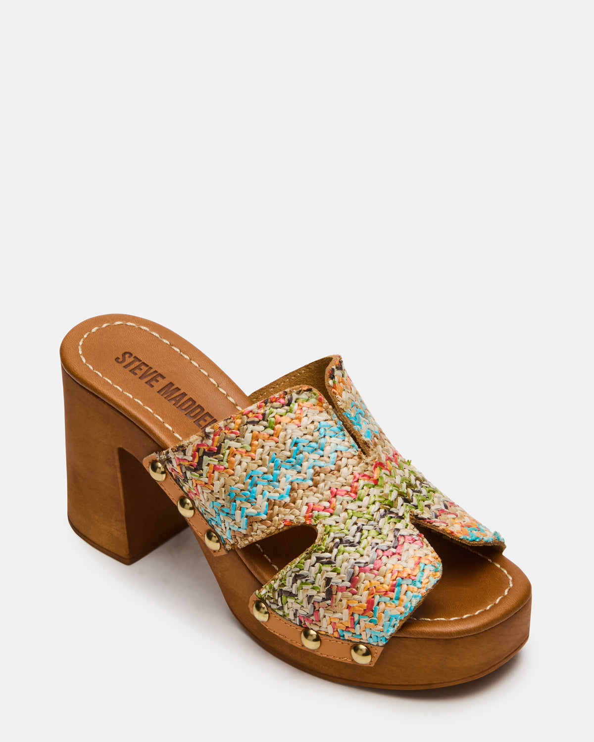 SUNKISSED Multi Raffia Platform Block Heel Studded Women's Sandal - Steve Madden