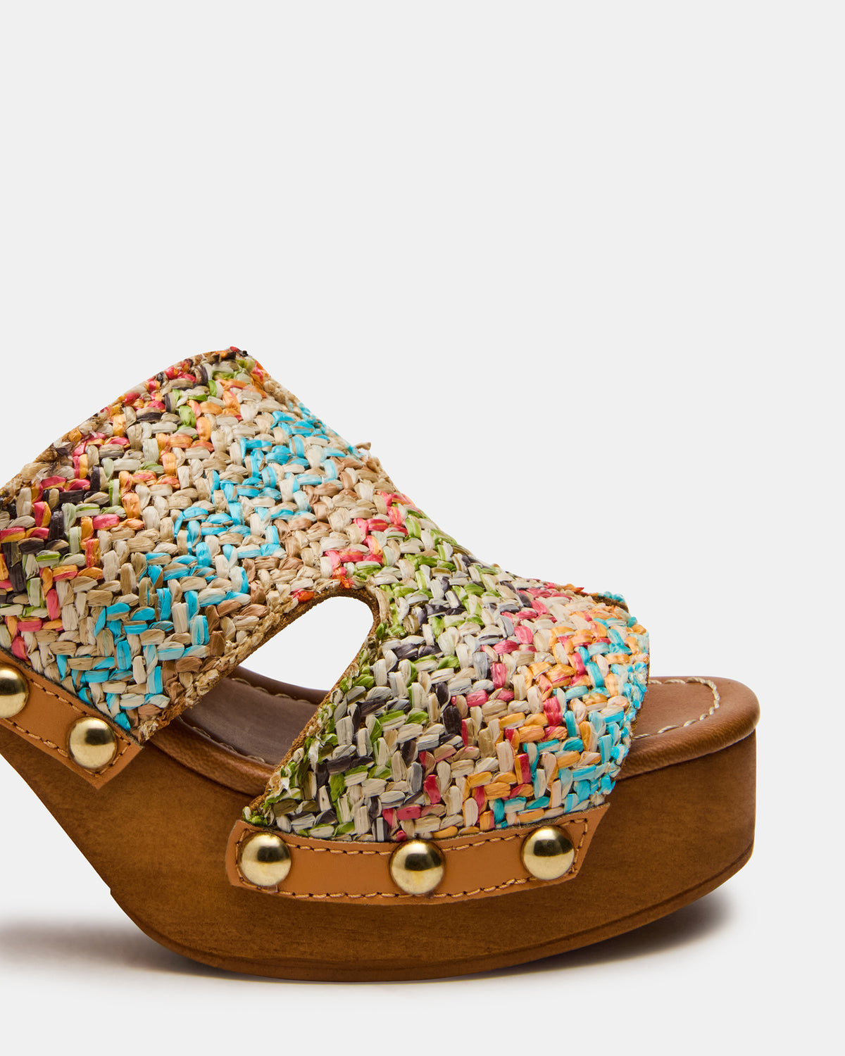 SUNKISSED Multi Raffia Platform Block Heel Studded Women's Sandal - Steve Madden