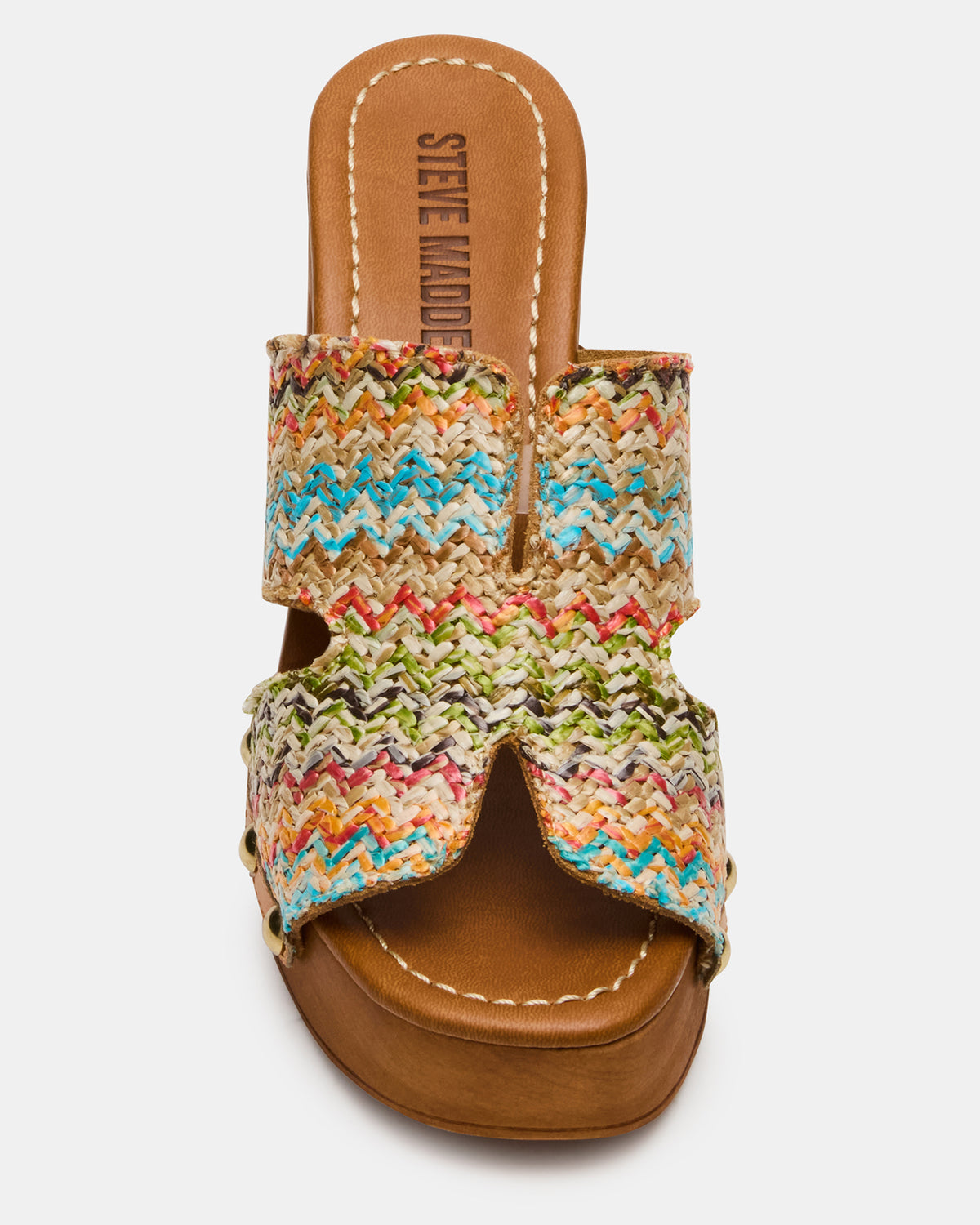 SUNKISSED Multi Raffia Platform Block Heel Studded Women's Sandal - Steve Madden