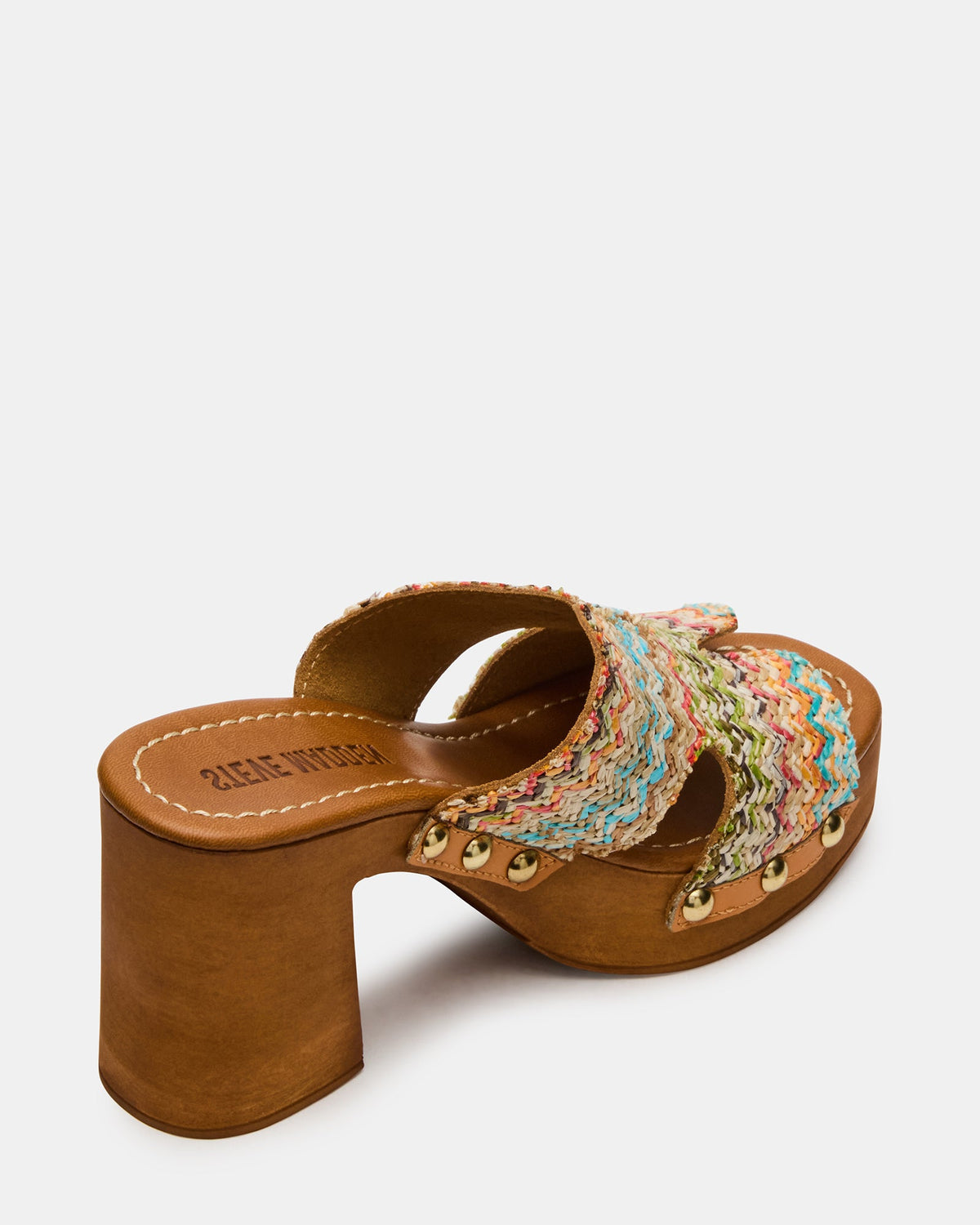 SUNKISSED Multi Raffia Platform Block Heel Studded Women's Sandal - Steve Madden