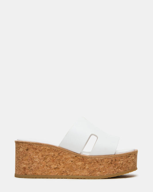 HARMONY White Leather Wedge Mule Cork Platform Women's Sandal - Steve Madden