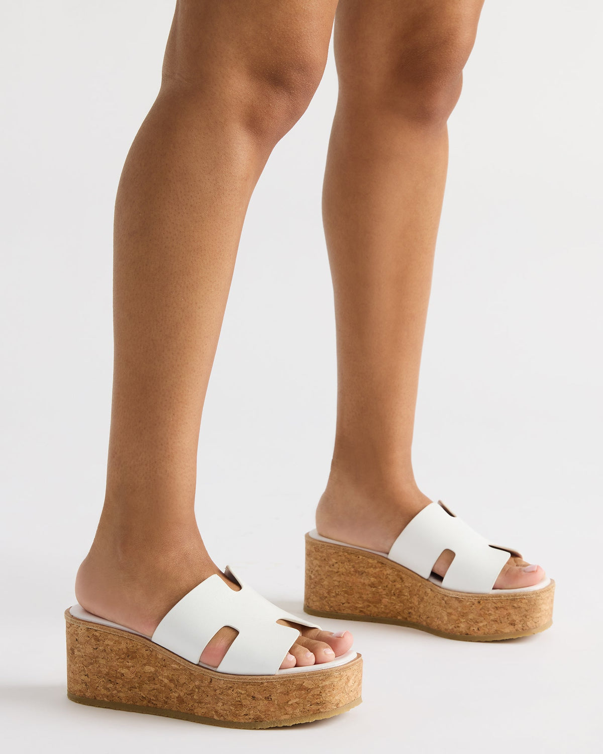 HARMONY White Leather Wedge Mule Cork Platform Women's Sandal - Steve Madden