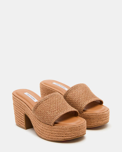 TRIPPY Cognac Raffia Platform Mule Women's Sandal - Steve Madden