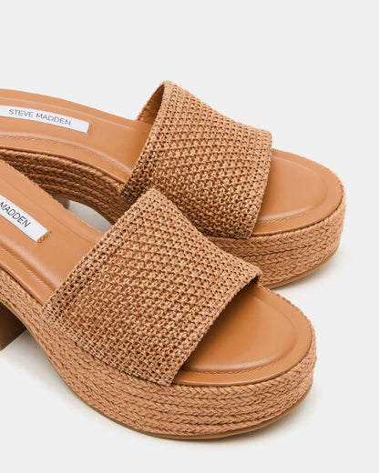 TRIPPY Cognac Raffia Platform Mule Women's Sandal - Steve Madden
