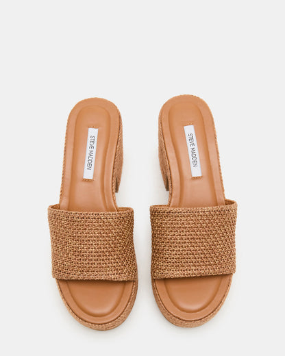 TRIPPY Cognac Raffia Platform Mule Women's Sandal - Steve Madden