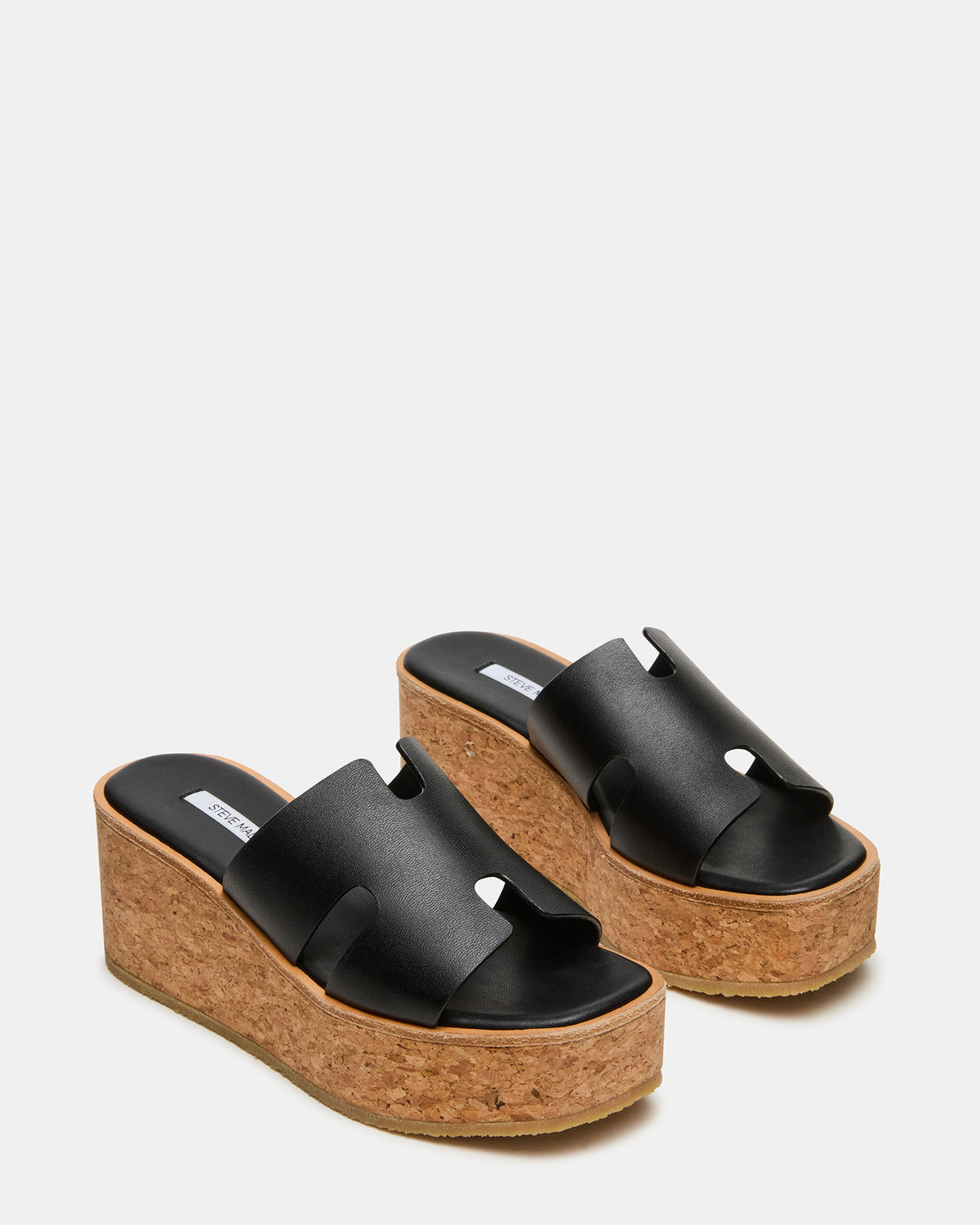 HARMONY Black Leather Wedge Mule Cork Platform Women's Sandal - Steve Madden