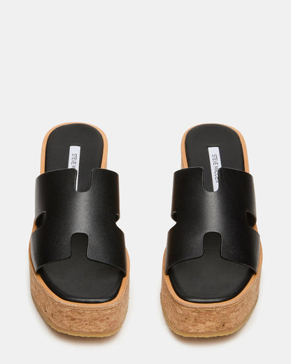 HARMONY Black Leather Wedge Mule Cork Platform Women's Sandal - Steve Madden