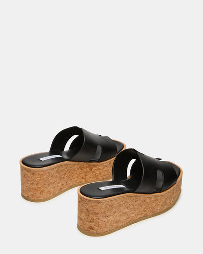HARMONY Black Leather Wedge Mule Cork Platform Women's Sandal - Steve Madden