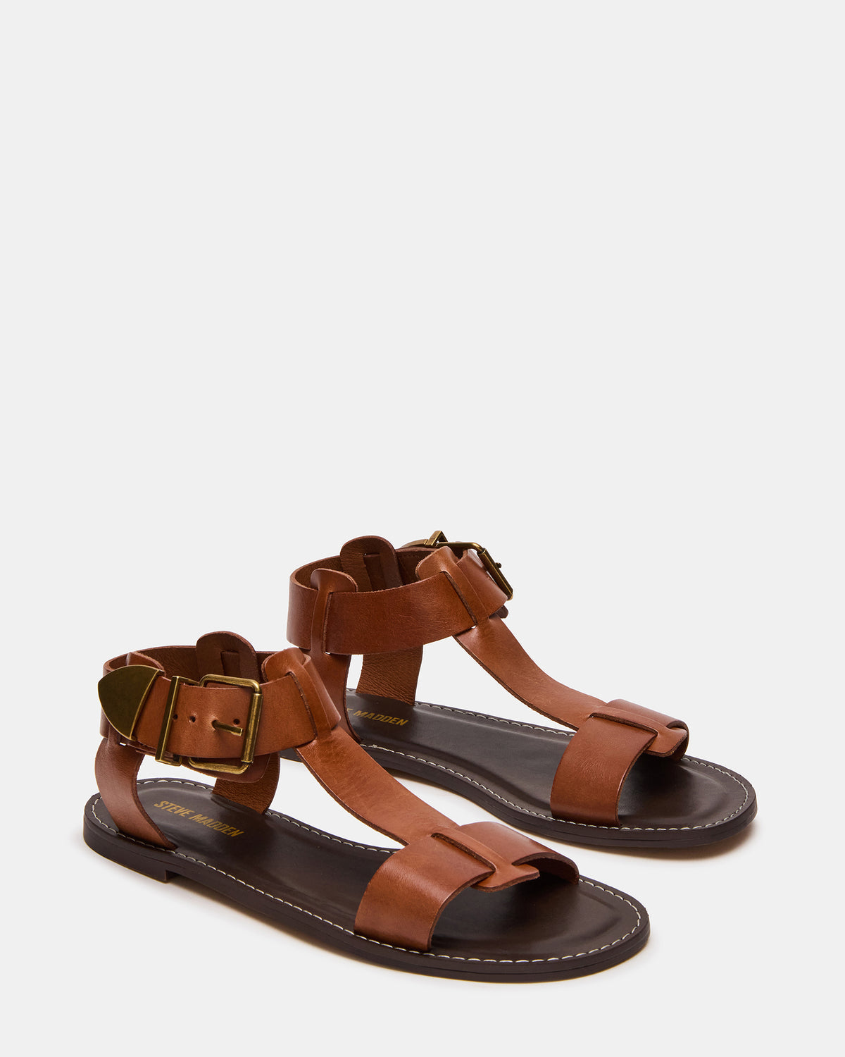 BRAZINN Tan Leather Strappy Flat Sandal Women's Sandal - Steve Madden