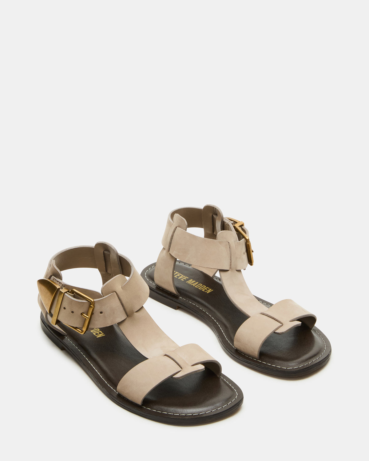 BRAZINN Taupe Nubuck Strappy Flat Sandal Women's Sandal - Steve Madden