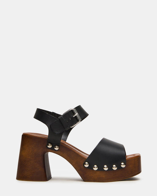 JEMMA Black Leather Square-Toe Wood Bottom Block Heel Women's Sandal - Steve Madden