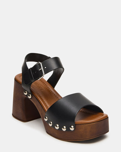JEMMA Black Leather Square-Toe Wood Bottom Block Heel Women's Sandal - Steve Madden