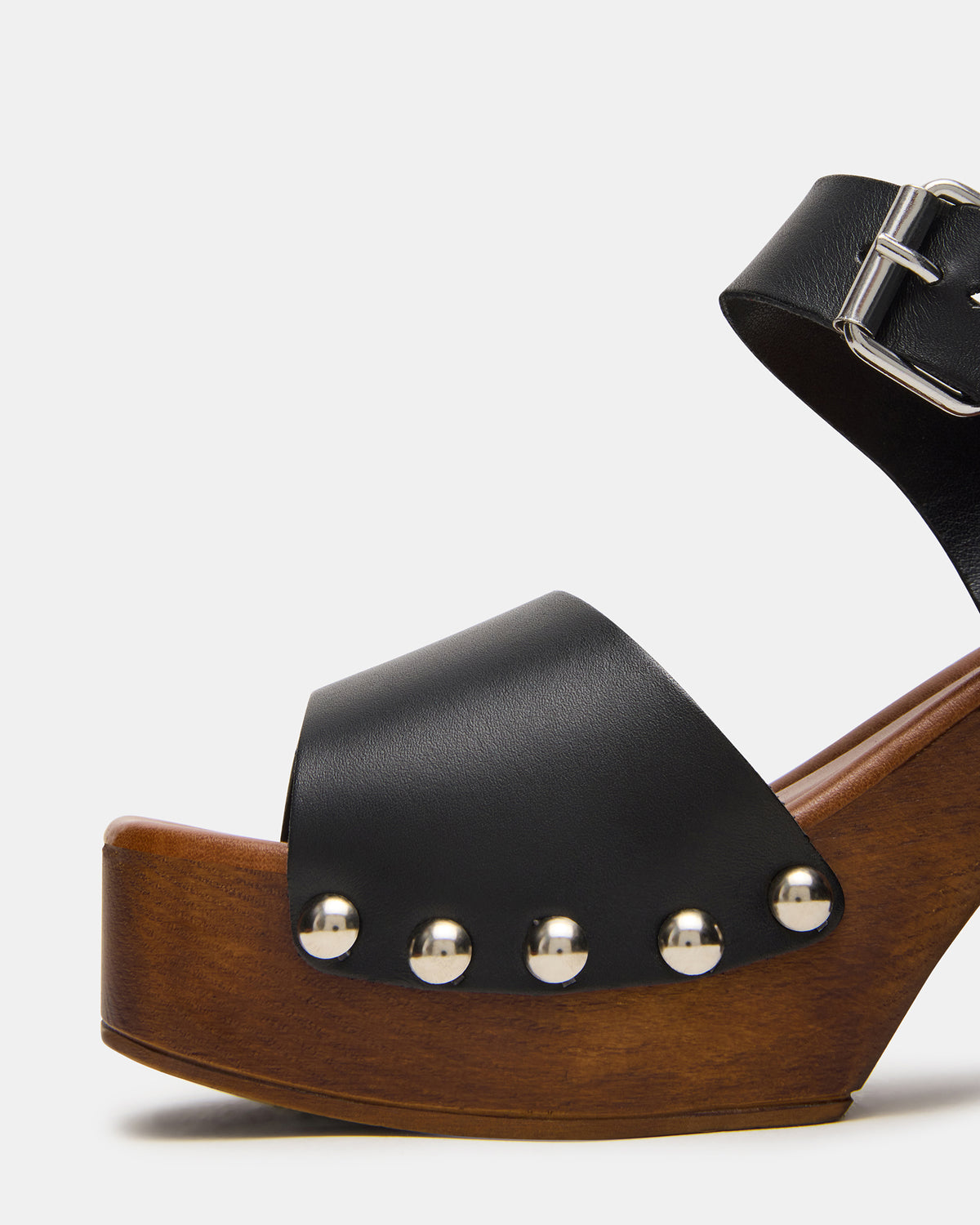 JEMMA Black Leather Square-Toe Wood Bottom Block Heel Women's Sandal - Steve Madden