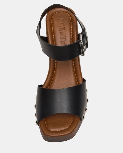 JEMMA Black Leather Square-Toe Wood Bottom Block Heel Women's Sandal - Steve Madden