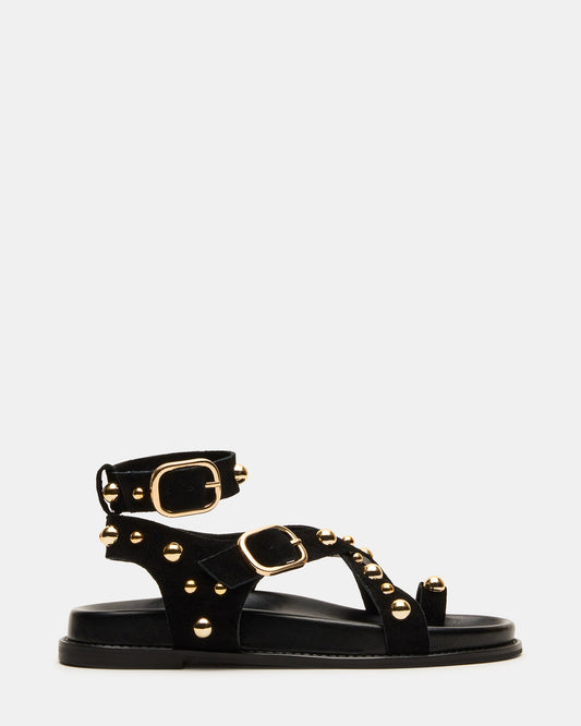 LINEAR Black Suede Strappy Footbed Studded Women's Sandal - Steve Madden