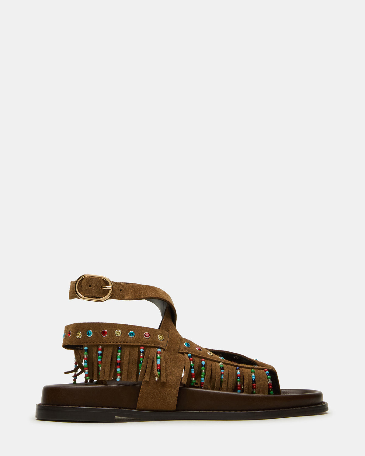 WENDELL Chestnut Suede Beaded Flatform Footbed Strappy Fringe Women's Sandal - Steve Madden